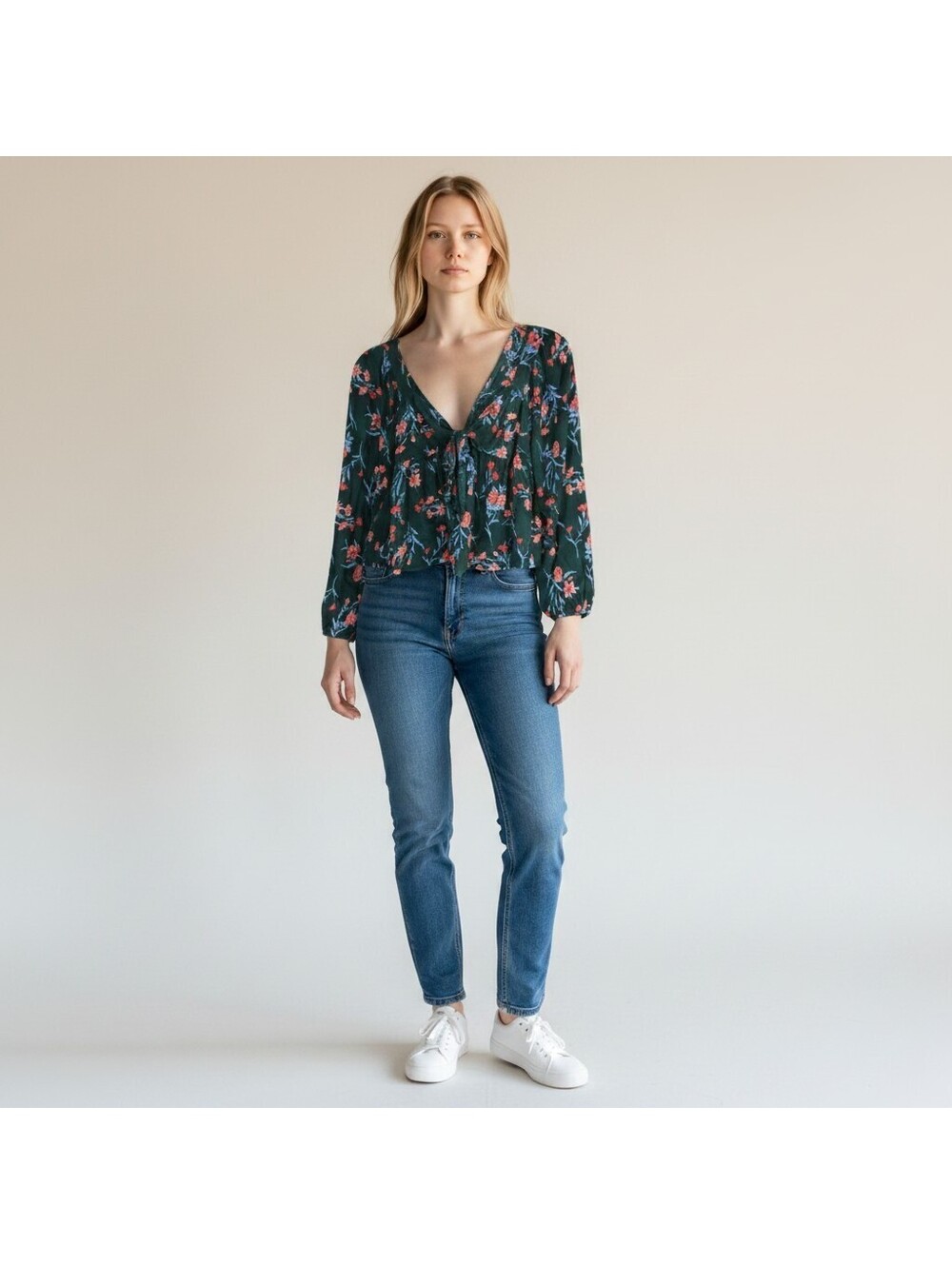 American Eagle Blouse Women M Medium Green Floral V-Neck Long Sleeve Casual